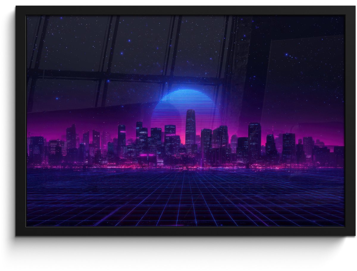 FrameYourWall Poster in lijst - Fotolijst 60x40 cm - Posters - Skyline - Zon - Neon - Rasterpatroon - Posterlijst zwart - Decoratie - Wanddecoratie woonkamer - Muurdecoratie slaapkamer Stad - Sterrenhemel - Neon