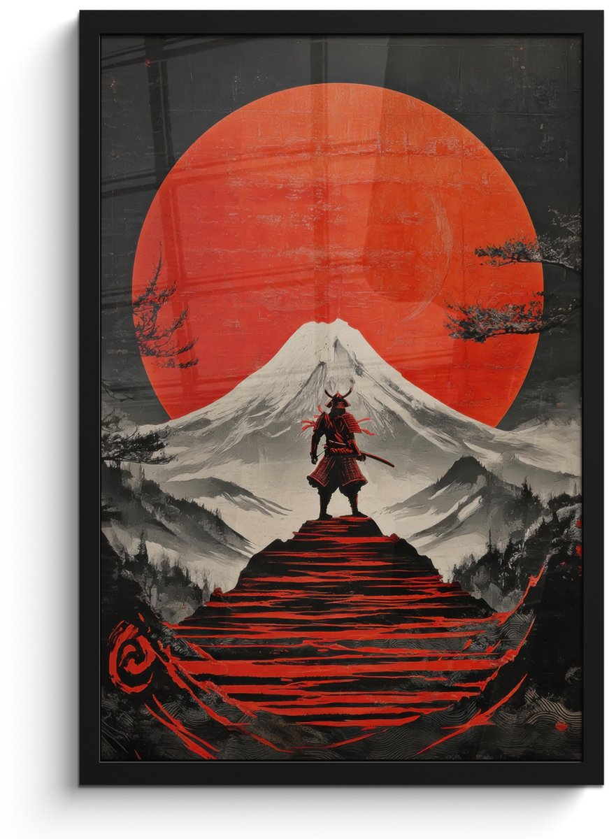 FrameYourWall Poster in lijst - Fotolijst 40x60 cm - Posters - Krijger - Rode trappen - Zon - Berg - Posterlijst zwart - Decoratie - Wanddecoratie woonkamer - Muurdecoratie slaapkamer Krijger - Zon - Berg