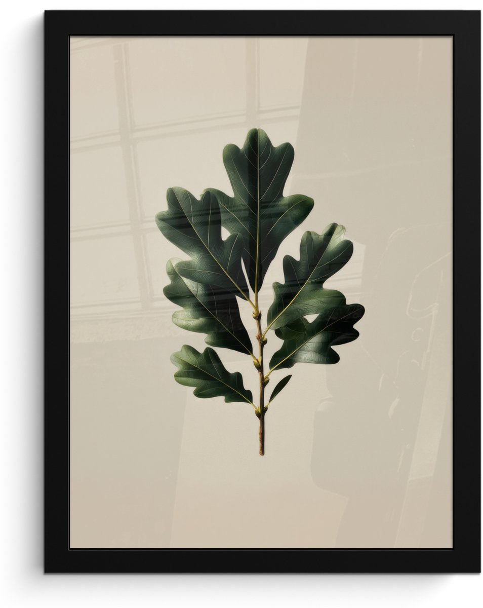 FrameYourWall Poster in lijst - Fotolijst 30x40 cm - Posters - Eikenbladeren - Beige - Groen - Golvende randen - Posterlijst zwart - Decoratie - Wanddecoratie woonkamer - Muurdecoratie slaapkamer