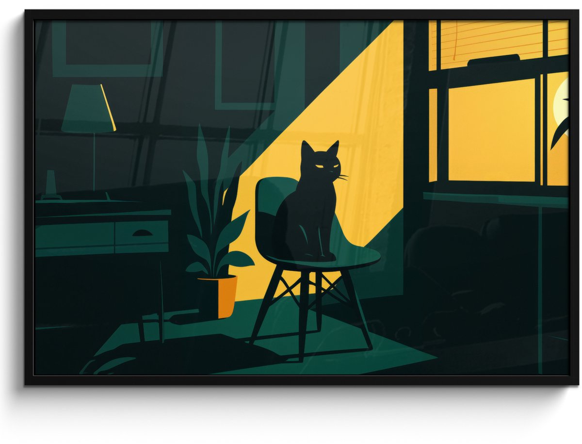 FrameYourWall Poster in lijst - Fotolijst 120x80 cm - Posters - Zwarte kat - Mysterieus - Gele instraal - Posterlijst zwart - Decoratie - Wanddecoratie woonkamer - Muurdecoratie slaapkamer