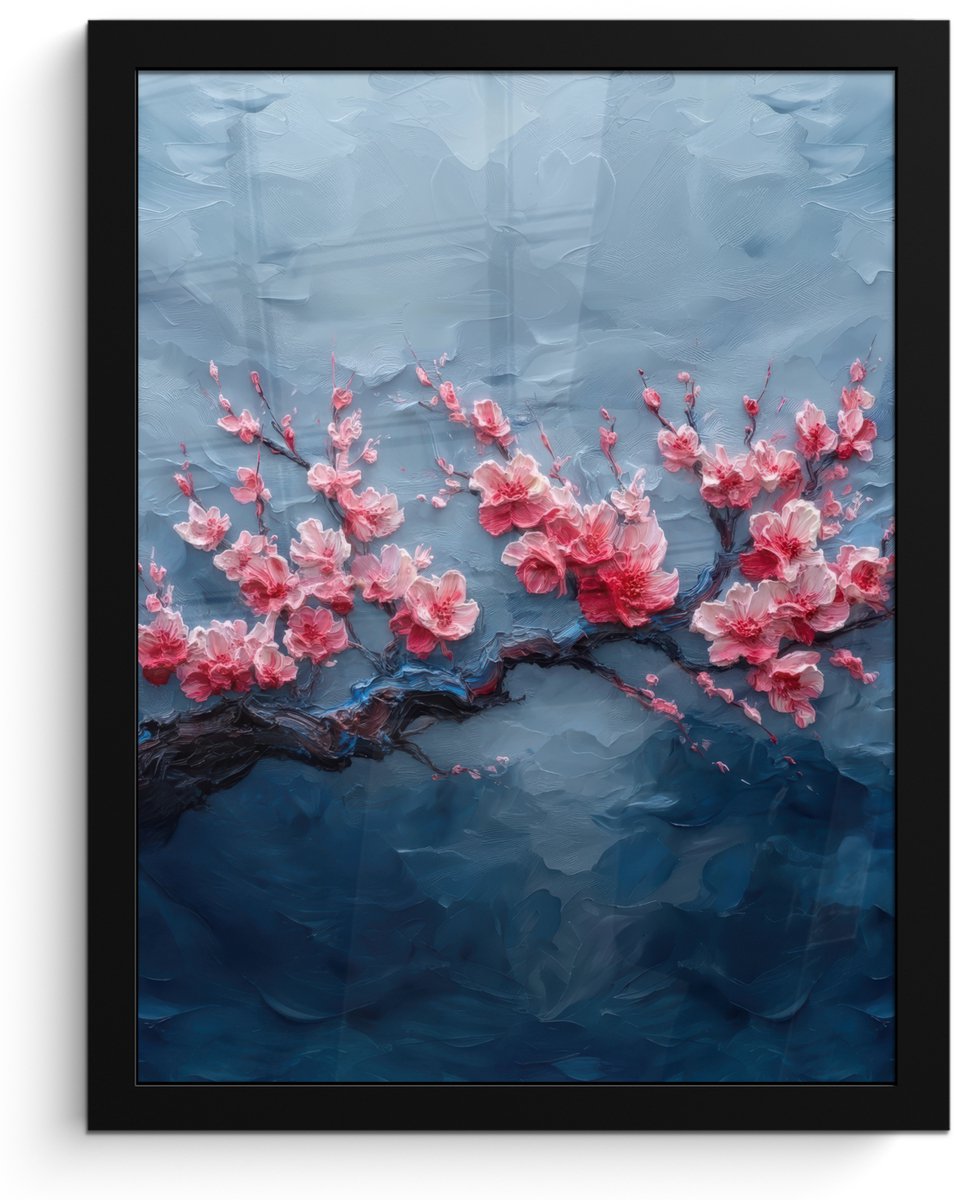 FrameYourWall Poster in lijst - Fotolijst 30x40 cm - Posters - Bloesem - Bloem - Roze - Tak - Posterlijst zwart - Decoratie - Wanddecoratie woonkamer - Muurdecoratie slaapkamer Bloesem - Tak