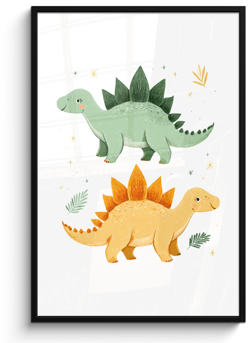 FrameYourWall Poster in lijst - Fotolijst 80x120 cm - Posters - Sterren - Stegosaurussen - Blaadjes - Groen - Posterlijst zwart - Decoratie - Wanddecoratie woonkamer - Muurdecoratie slaapkamer