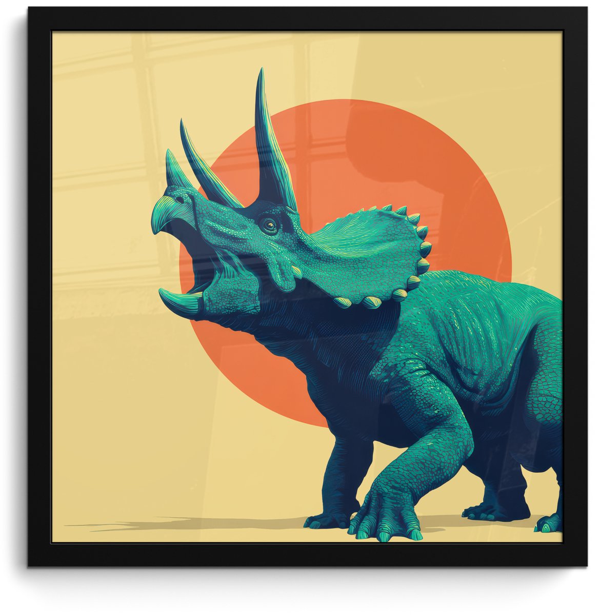 FrameYourWall Poster in lijst - Fotolijst 40x40 cm - Posters - Triceratops - Cirkel - Oranje - Hoorns - Posterlijst zwart - Decoratie - Wanddecoratie woonkamer - Muurdecoratie slaapkamer