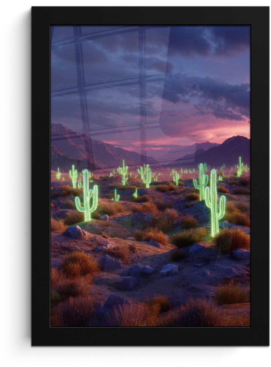 FrameYourWall Poster in lijst - Fotolijst 20x30 cm - Posters - Neon cactussen - Woestijn - Zonsondergang - Posterlijst zwart - Decoratie - Wanddecoratie woonkamer - Muurdecoratie slaapkamer Neon - cactus - Woestijn