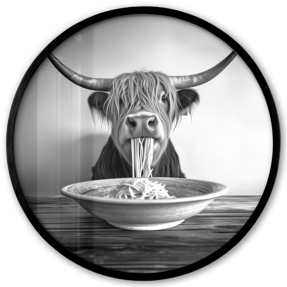 FrameYourWall Poster in lijst Rond - Fotolijst 40x40 cm - Posters - Schotse Hooglander - Spaghetti - Dieren - Zwart wit - Ronde posterlijst zwart - Decoratie - Wanddecoratie woonkamer - Muurdecoratie slaapkamer