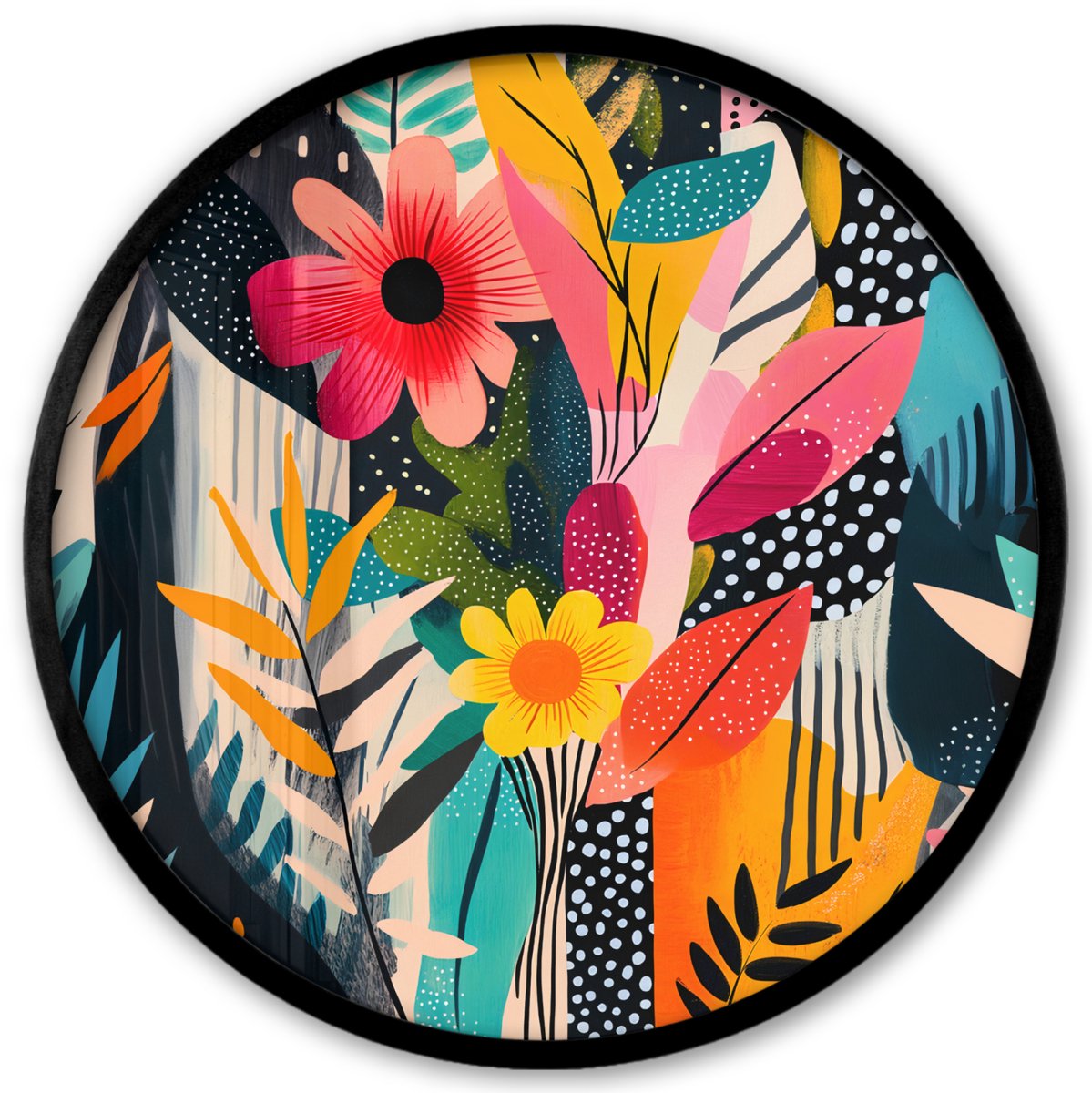 FrameYourWall Poster in lijst Rond - Fotolijst 40x40 cm - Posters - Schilderij - Abstract - Bloemen - Roze - Ronde posterlijst zwart - Decoratie - Wanddecoratie woonkamer - Muurdecoratie slaapkamer Bloemen - Bladeren - Kleurrijk