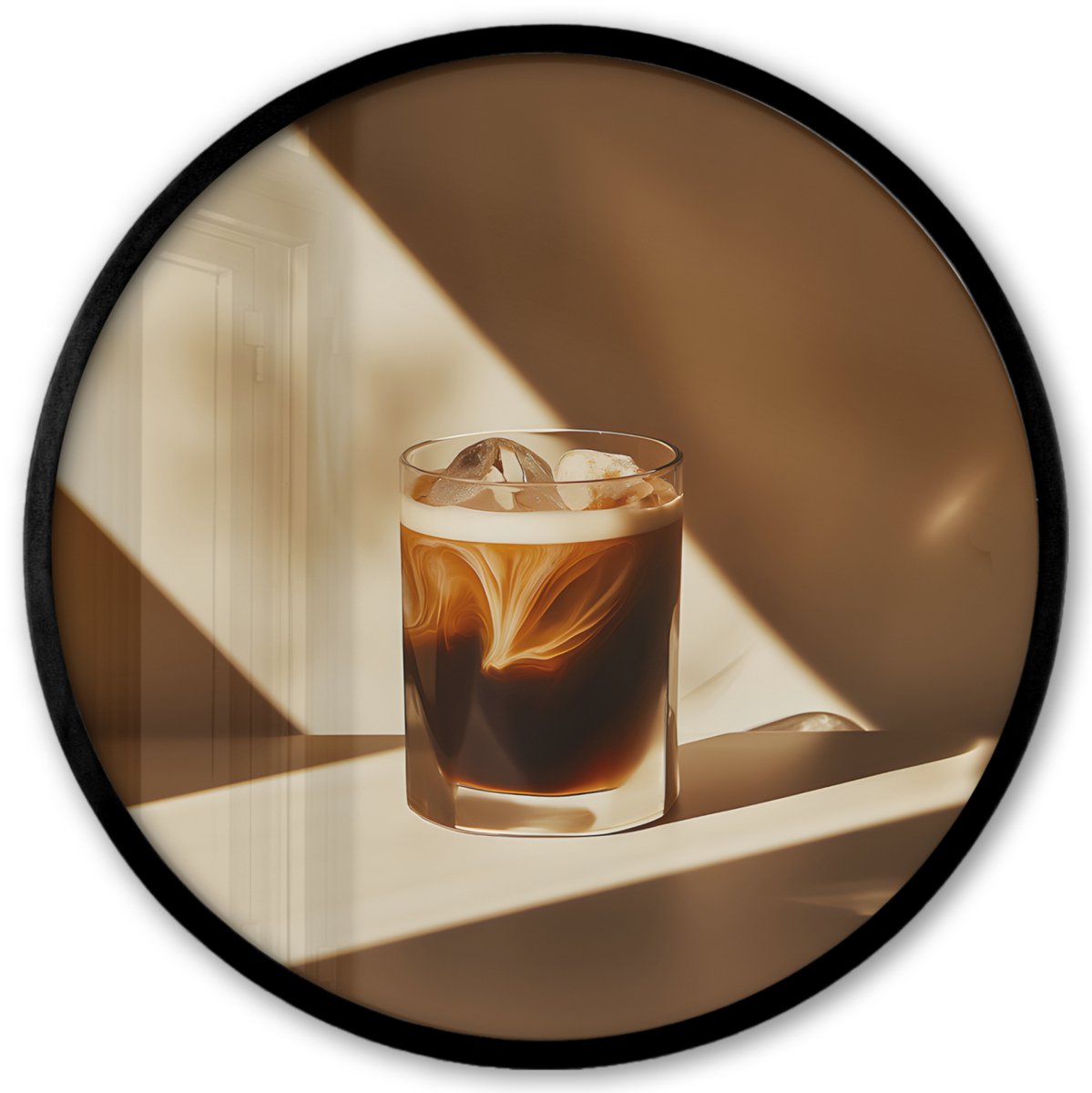 FrameYourWall Poster in lijst Rond - Fotolijst 40x40 cm - Posters - Glas - Ijskoffie - Schaduw - Bruin - Ronde posterlijst zwart - Decoratie - Wanddecoratie woonkamer - Muurdecoratie slaapkamer Glas - Drinken
