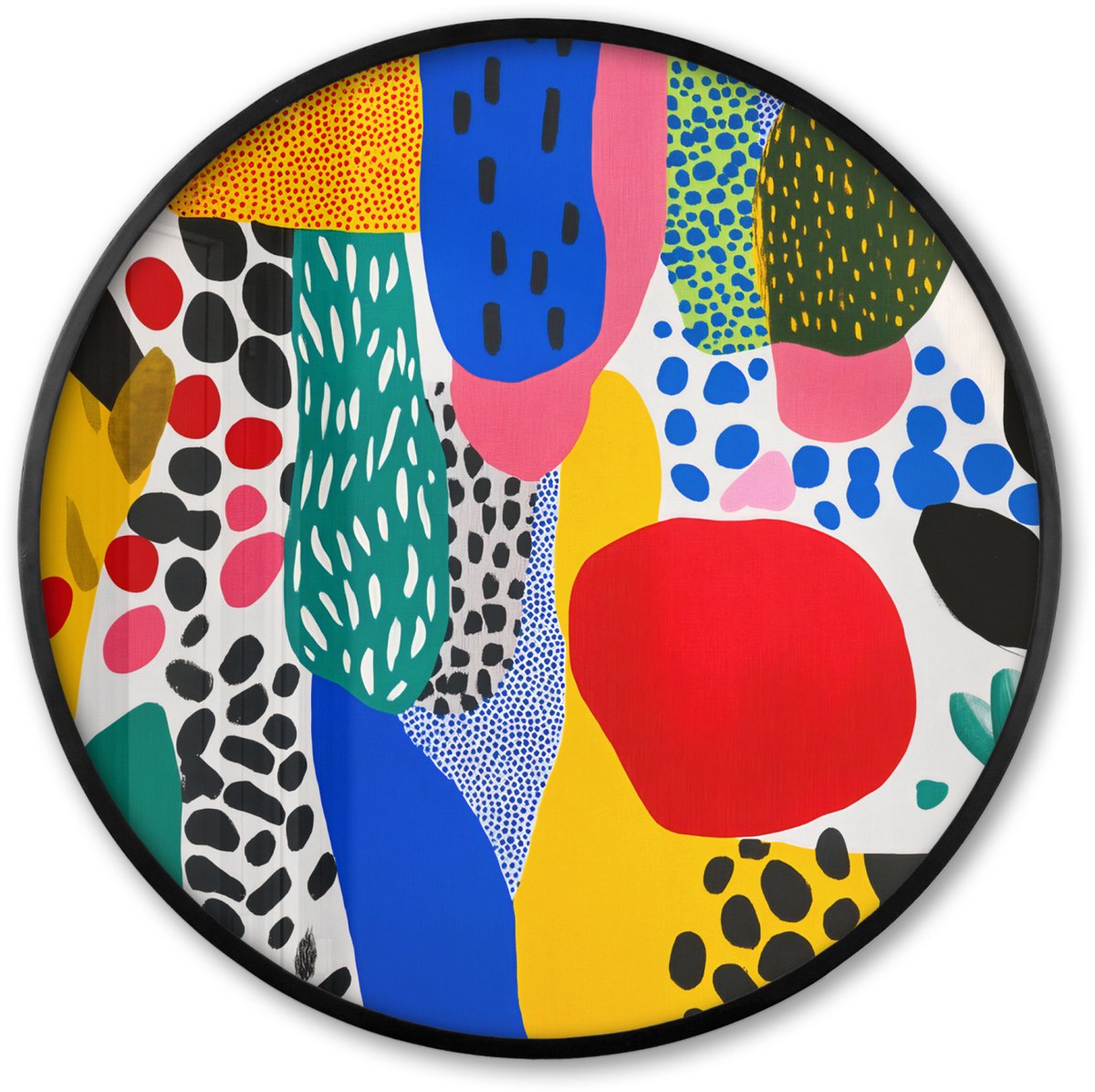 FrameYourWall Poster in lijst Rond - Fotolijst 80x80 cm - Posters - Stippen - Vormen - Modern - Kleuren - Ronde posterlijst zwart - Decoratie - Wanddecoratie woonkamer - Muurdecoratie slaapkamer Bladeren - Vormen - Abstract