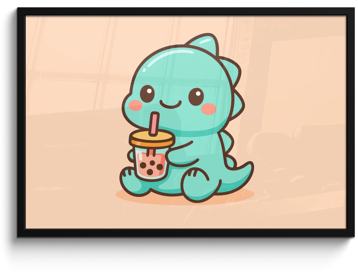 FrameYourWall Poster in lijst - Fotolijst 90x60 cm - Posters - Dino - Boba - kawaii - Oranje - Posterlijst zwart - Decoratie - Wanddecoratie woonkamer - Muurdecoratie slaapkamer