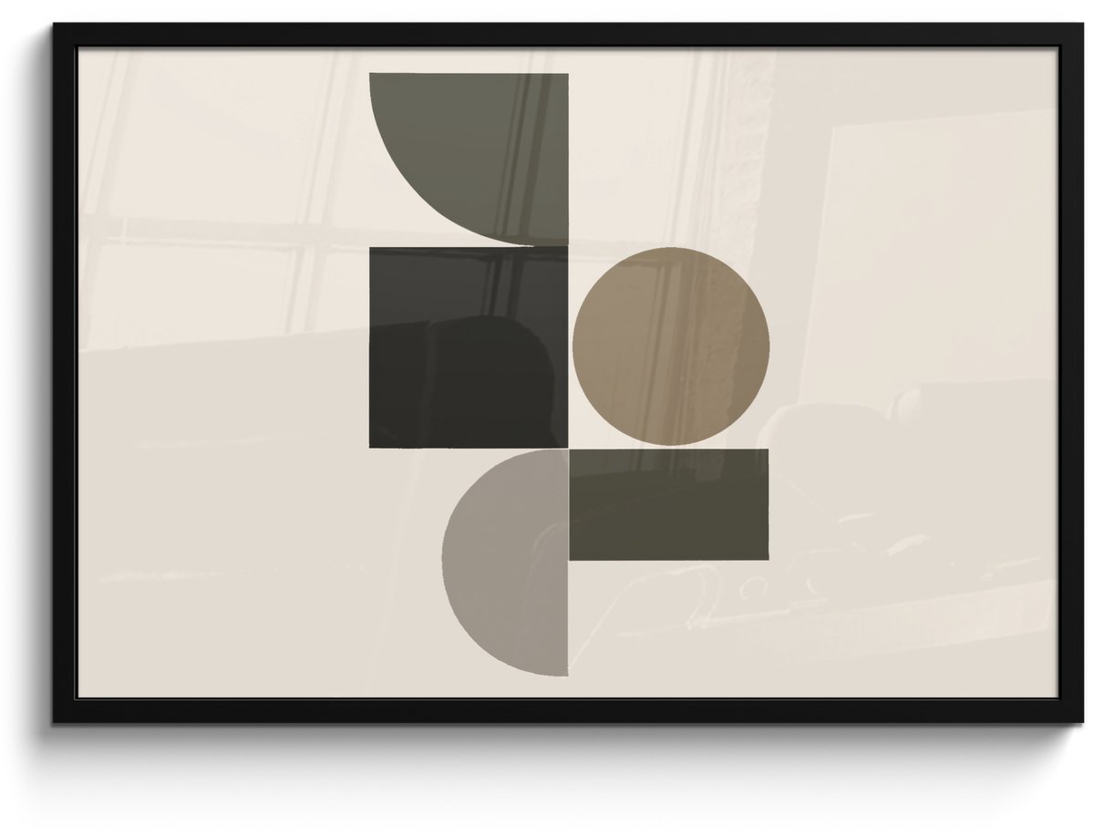 FrameYourWall Poster in lijst - Fotolijst 90x60 cm - Posters - Aardetinten - Abstracte compositie - Eenvoudige vormen - Posterlijst zwart - Decoratie - Wanddecoratie woonkamer - Muurdecoratie slaapkamer Aardetinten - Vormen