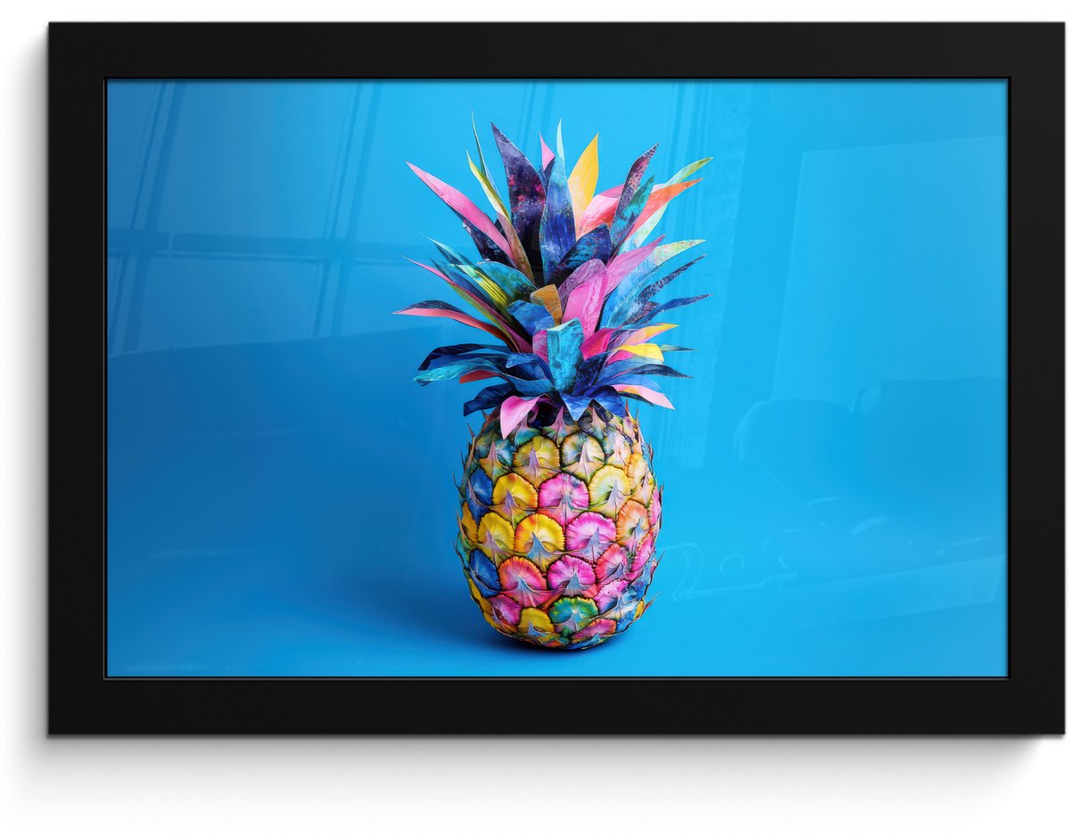 FrameYourWall Poster in lijst - Fotolijst 30x20 cm - Posters - Ananas - Blauw - Tropisch - Vrolijk - Posterlijst zwart - Decoratie - Wanddecoratie woonkamer - Muurdecoratie slaapkamer Ananas - Tropisch
