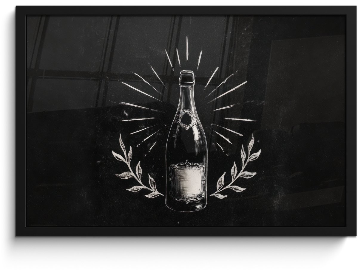 FrameYourWall Poster in lijst - Fotolijst 60x40 cm - Posters - Champagnefles - Lauriertakken - Zwarte achtergrond - Posterlijst zwart - Decoratie - Wanddecoratie woonkamer - Muurdecoratie slaapkamer