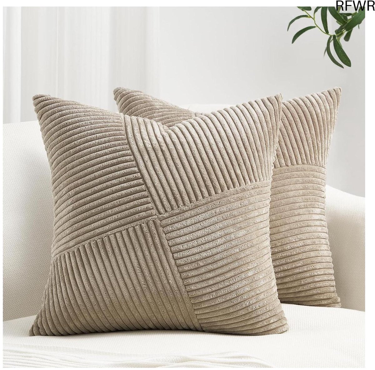 RFWR Set van 2 Corduroy Kussenslopen met Strepen Patroon - Decoratieve Kussensloop 50 x 50 cm voor Bank en Slaapkamer Beige