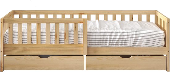 Houten ledikant met spijlen en twee lades.