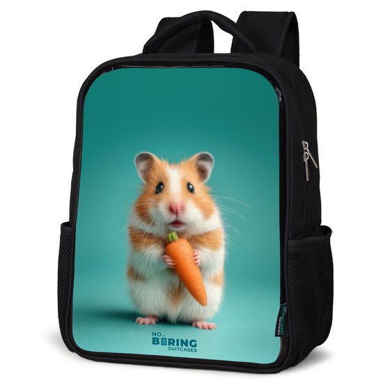 NoBoringSuitcases.com® - Rugzak zwart - Schooltas jongen & meisje - Schattige hamster met wortel - Rugtas voor school - Boekentas kind - Schoolrugzak - Kinderrugzak