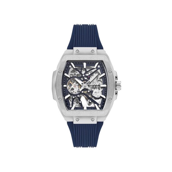 Zilverkleurig herenpolshorloge met automatisch uurwerk en donkerblauwe siliconen band. Het horloge heeft een open wijzerplaat.