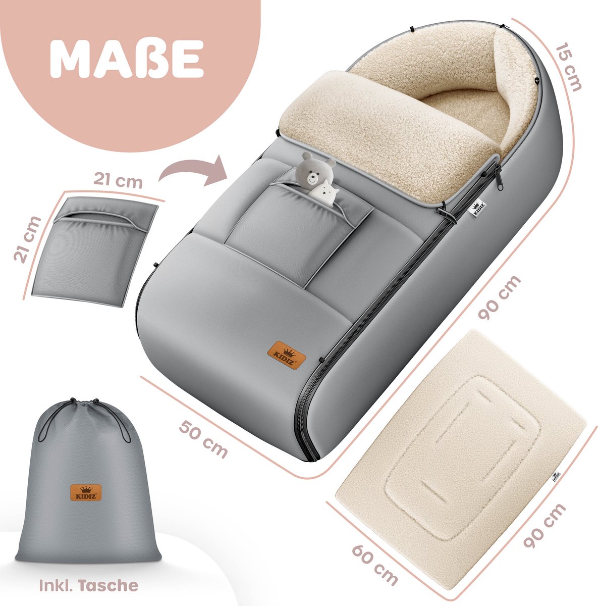 KIDIZ® Voetenzak voor Autostoeltje en Buggy met Ritssluiting - Baby Slaapzak Deken voor Maxi-Cosi & Wandelwagen / Kinderwagen - Grijs – foto 2
