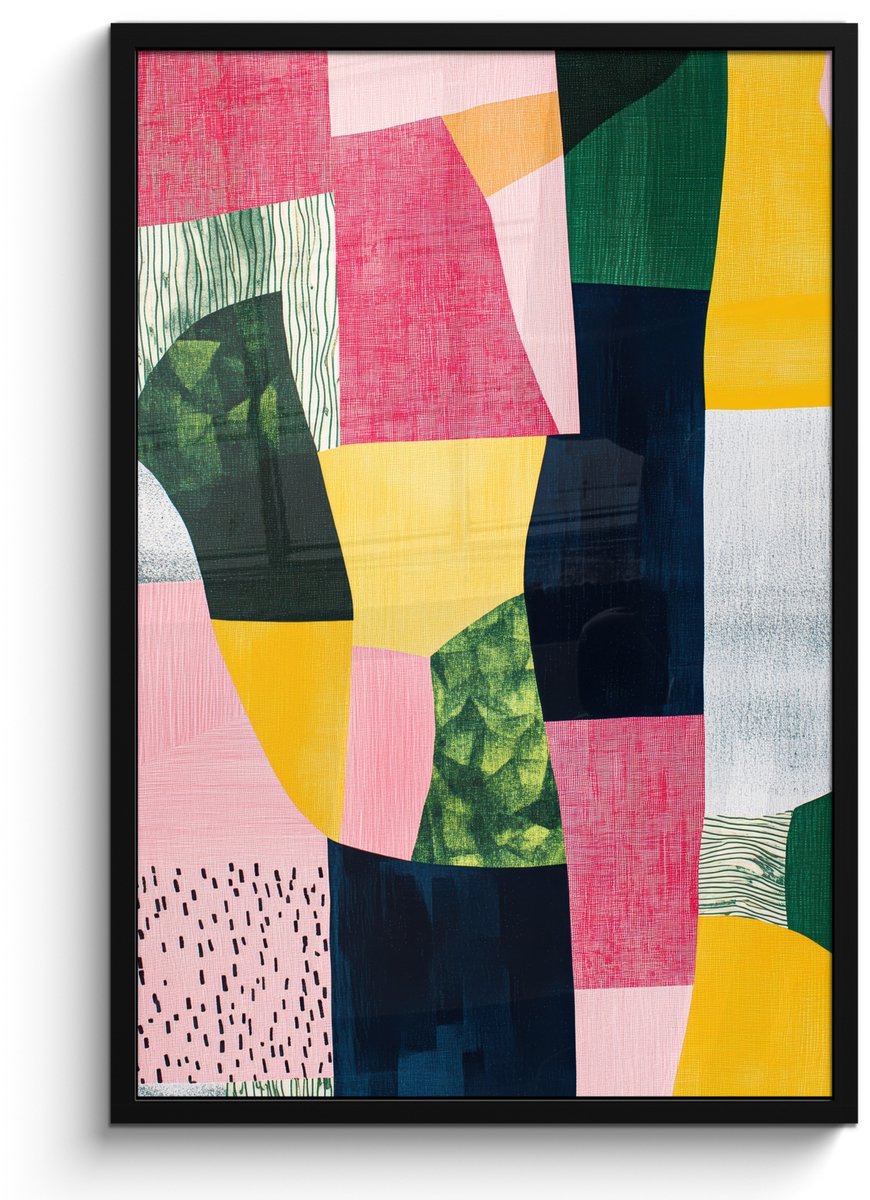 FrameYourWall Poster in lijst - Fotolijst 60x90 cm - Posters - Abstract - Roze - Lappen - Vormen - Geel - Posterlijst zwart - Decoratie - Wanddecoratie woonkamer - Muurdecoratie slaapkamer