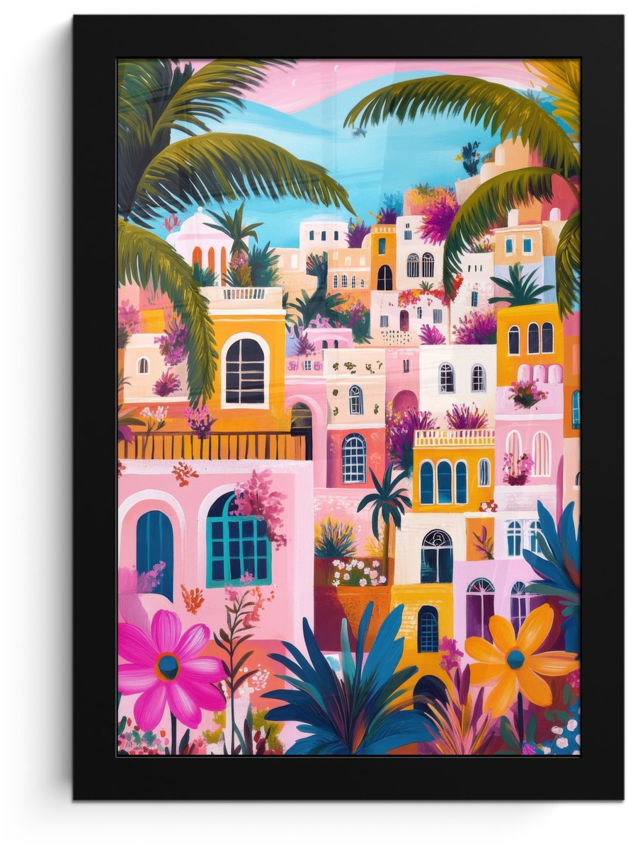 FrameYourWall Poster in lijst - Fotolijst 20x30 cm - Posters - Kleurrijk - Roze - Oranje - Geel - Bloemen - Posterlijst zwart - Decoratie - Wanddecoratie woonkamer - Muurdecoratie slaapkamer Stad - Kleurrijk