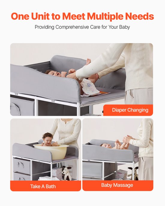 Grijze commode in gebruik voor luier verschonen, badderen en babymassage. Met 3 manden en 2 planken.