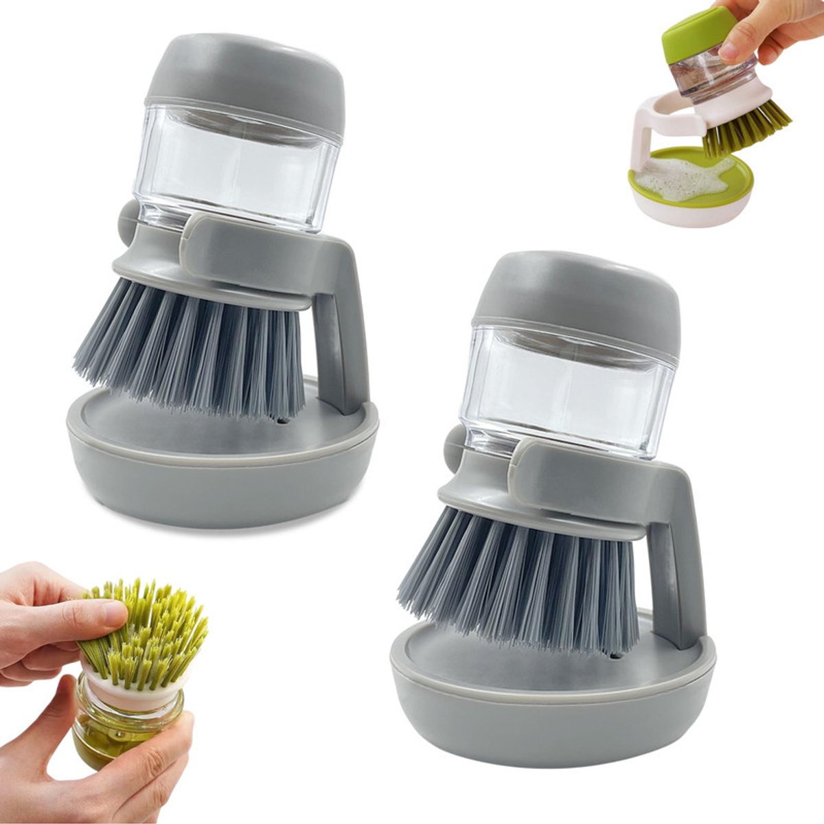 2 stuks - Pottenwasser - Pottenwasser - Afwasborstel - Anti-aanbak automatische vloeistofvulborstel - Home Kitchen Luie Pottenreinigingsborstel - Met afwasborstel en opbergstandaard - Grijs - Gemakkelijk schoon te maken keukenbenodigdheden en gootste