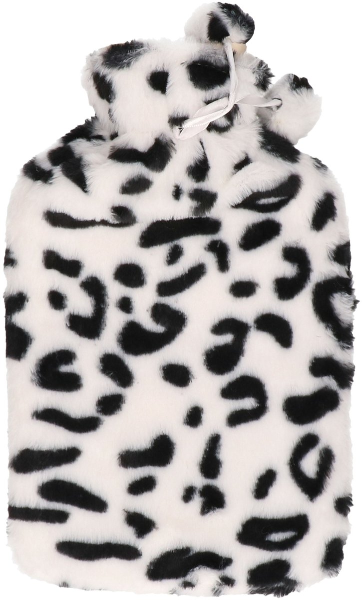 H&S Collection Warmwaterkruik - panterprint - met zachte dierenprint hoes - wit/zwart - 1,75L - kruik