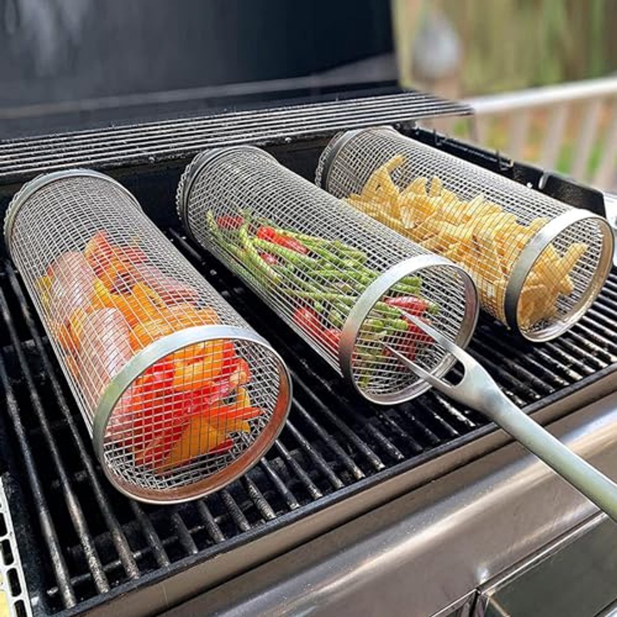 3-delige BBQ Mand Set van RVS – Grillaccessoires voor Buitenbarbecues en Kampeerreizen