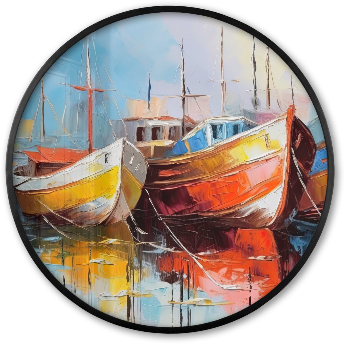 FrameYourWall Poster in lijst Rond - Fotolijst 60x60 cm - Posters - Boten - Kunst - Kleuren - Schilderij - Ronde posterlijst zwart - Decoratie - Wanddecoratie woonkamer - Muurdecoratie slaapkamer Verf - Boten