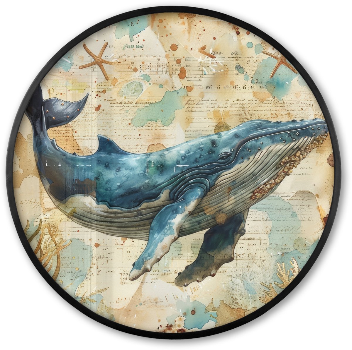 FrameYourWall Poster in lijst Rond - Fotolijst 60x60 cm - Posters - Vintage - Walvis - Watercolor - Blauw - Zeedieren - Ronde posterlijst zwart - Decoratie - Wanddecoratie woonkamer - Muurdecoratie slaapkamer Walvis - Zee