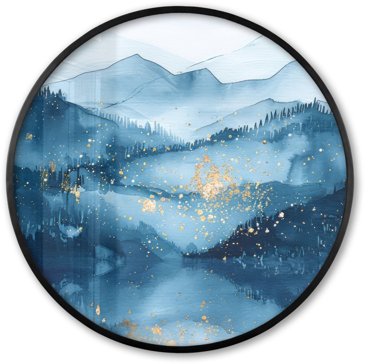 FrameYourWall Poster in lijst Rond - Fotolijst 60x60 cm - Posters - Landschap - Blauw - Modern - Goud - Abstract - Ronde posterlijst zwart - Decoratie - Wanddecoratie woonkamer - Muurdecoratie slaapkamer