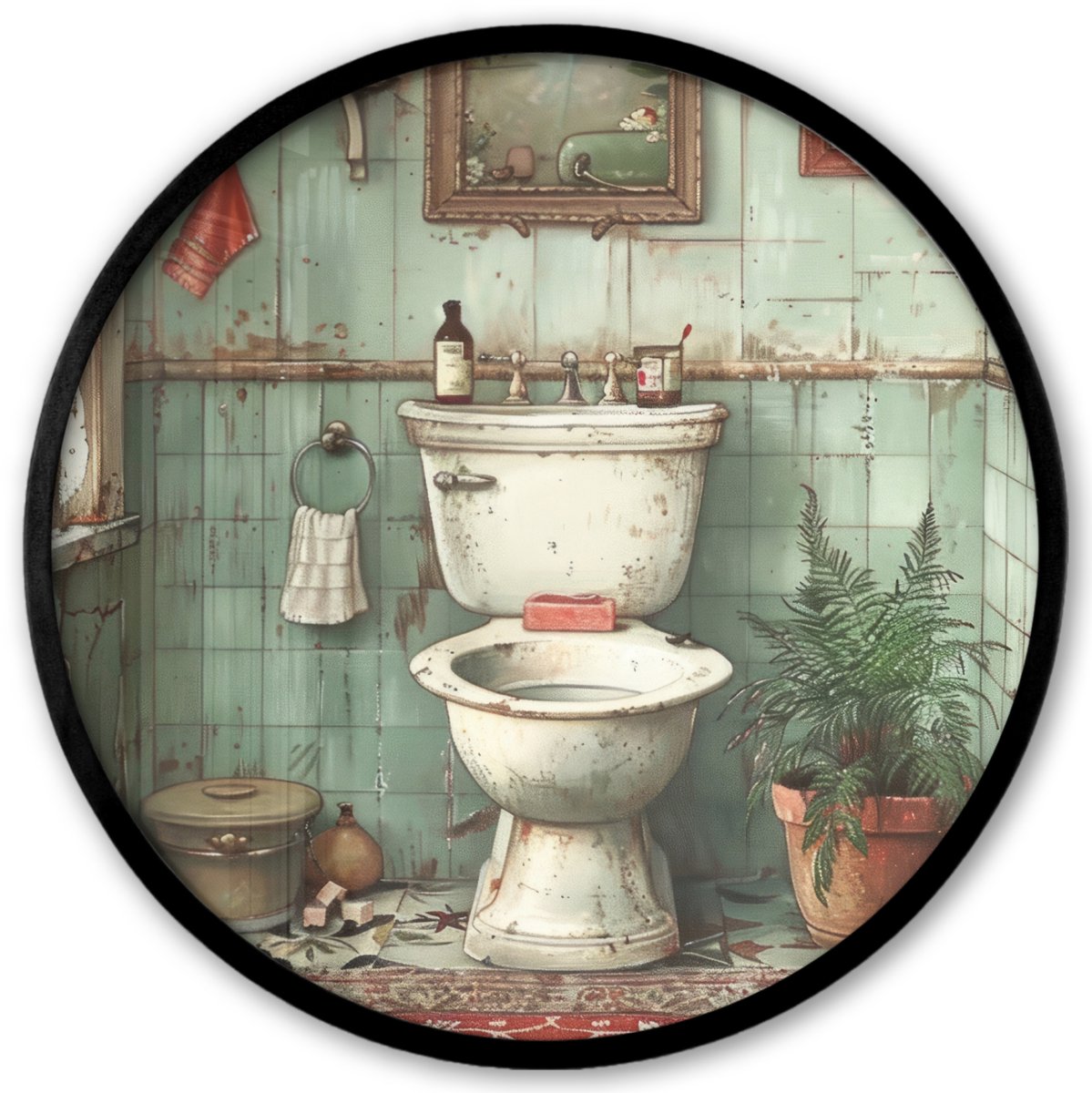FrameYourWall Poster in lijst Rond - Fotolijst 40x40 cm - Posters - Vintage - Toilet - Illustratie - Ronde posterlijst zwart - Decoratie - Wanddecoratie woonkamer - Muurdecoratie slaapkamer Vintage - WC