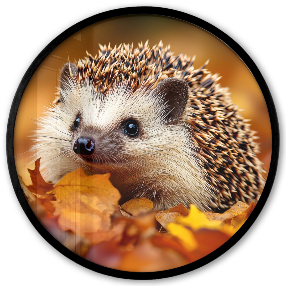 FrameYourWall Poster in lijst Rond - Fotolijst 40x40 cm - Posters - Egel - Bos - Herfstbladeren - Herfst - Bosdieren - Natuur - Ronde posterlijst zwart - Decoratie - Wanddecoratie woonkamer - Muurdecoratie slaapkamer
