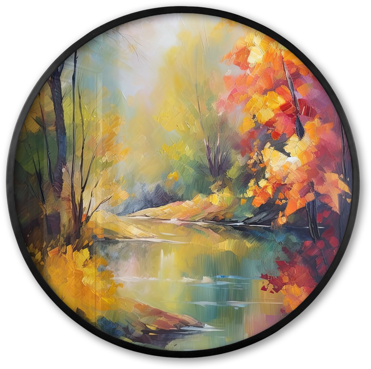 FrameYourWall Poster in lijst Rond - Fotolijst 80x80 cm - Posters - Landschap - Olieverf - Rivier - Kleurrijk - Ronde posterlijst zwart - Decoratie - Wanddecoratie woonkamer - Muurdecoratie slaapkamer Olieverf - Bomen