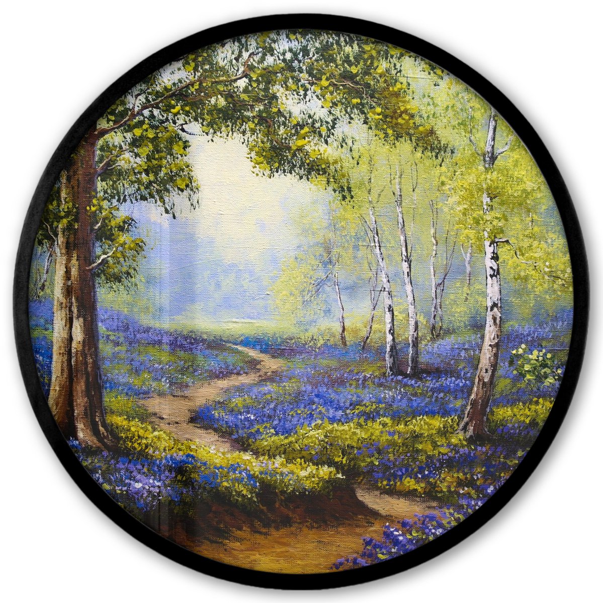 FrameYourWall Poster in lijst Rond - Fotolijst 40x40 cm - Posters - Schilderij - Natuur - Bos - Bloemen - Olieverf - Ronde posterlijst zwart - Decoratie - Wanddecoratie woonkamer - Muurdecoratie slaapkamer Lavendel - Landschap
