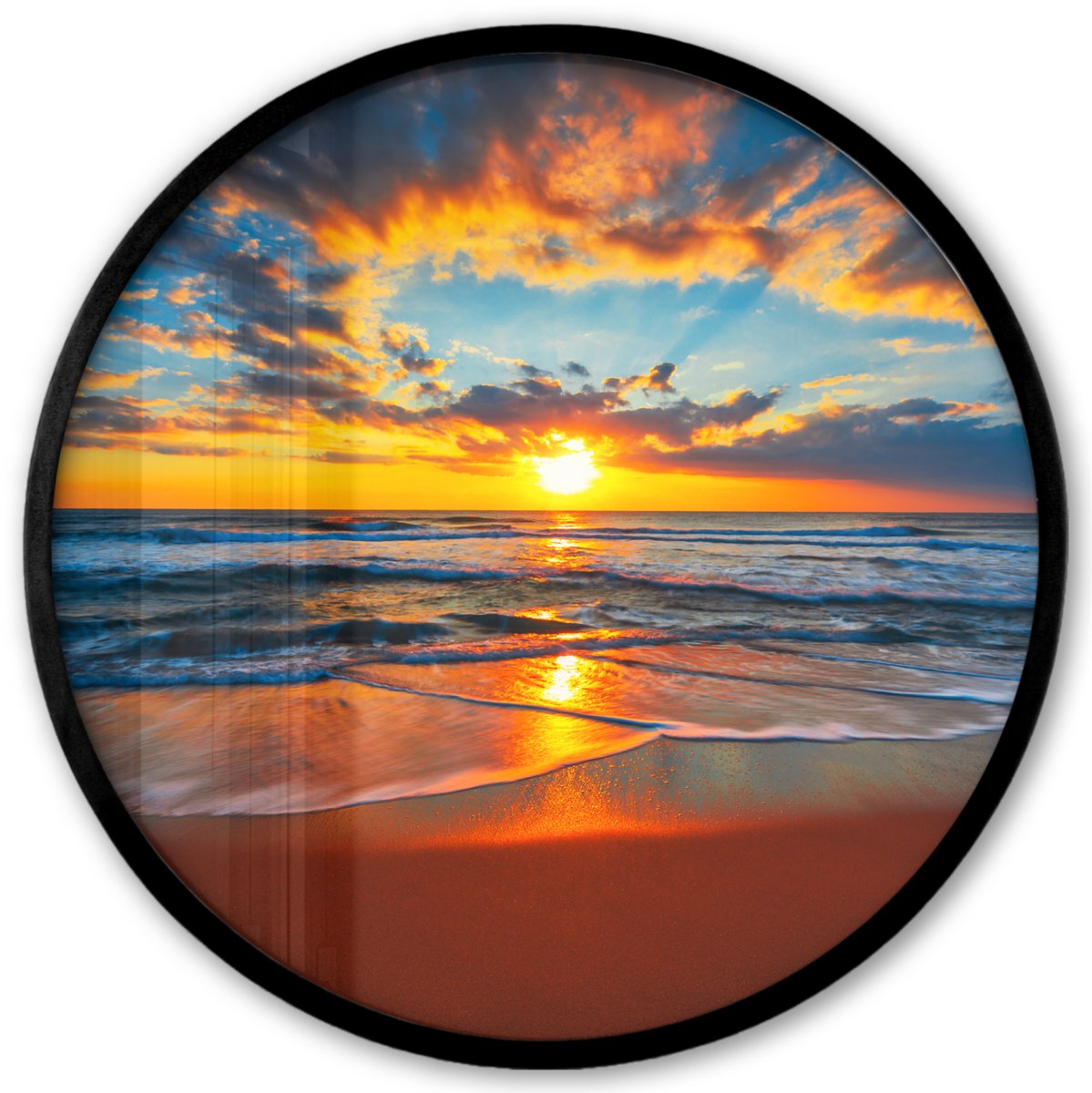 FrameYourWall Poster in lijst Rond - Fotolijst 40x40 cm - Posters - Zee - Zonsondergang - Strand - Wolken - Oranje - Ronde posterlijst zwart - Decoratie - Wanddecoratie woonkamer - Muurdecoratie slaapkamer