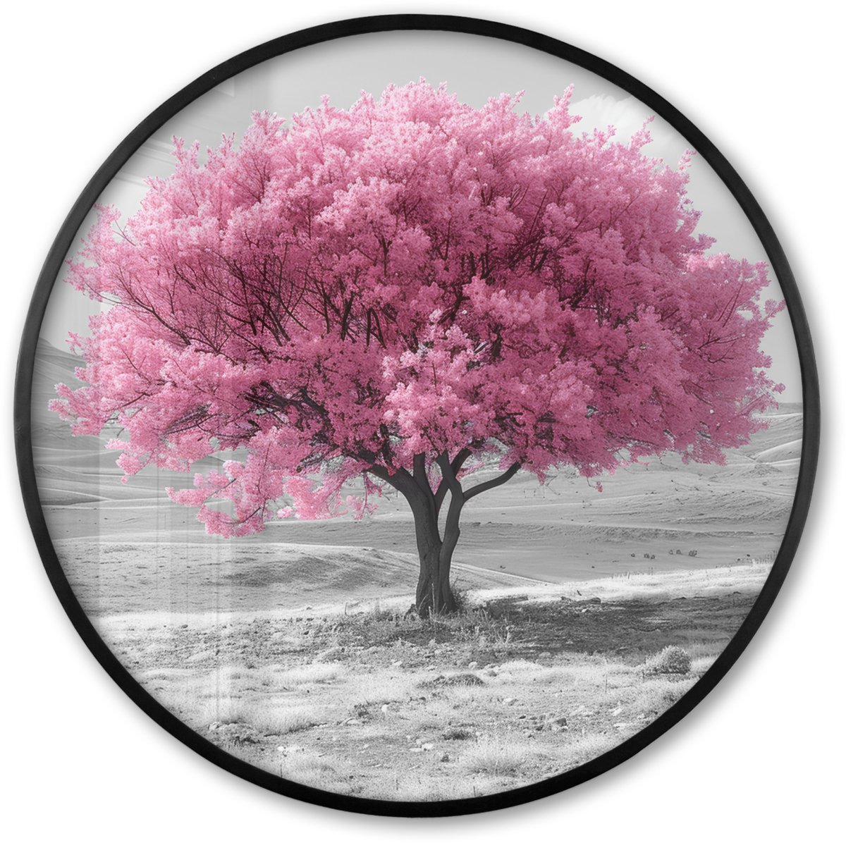 FrameYourWall Poster in lijst Rond - Fotolijst 60x60 cm - Posters - Boom - Natuur - Roze - Zwart wit - Ronde posterlijst zwart - Decoratie - Wanddecoratie woonkamer - Muurdecoratie slaapkamer