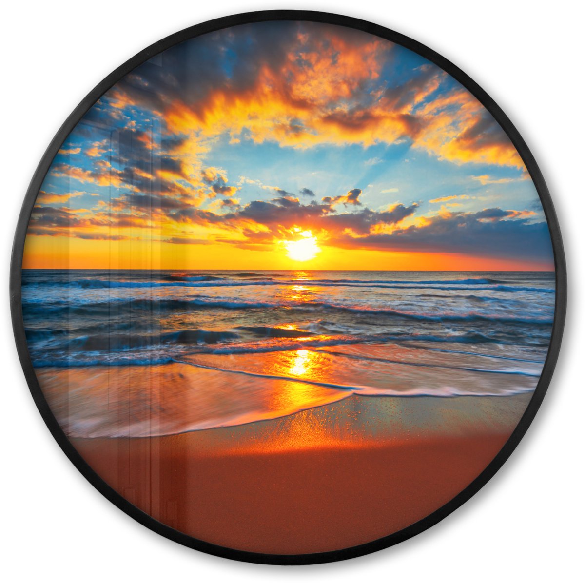 FrameYourWall Poster in lijst Rond - Fotolijst 60x60 cm - Posters - Zee - Zonsondergang - Strand - Wolken - Oranje - Ronde posterlijst zwart - Decoratie - Wanddecoratie woonkamer - Muurdecoratie slaapkamer