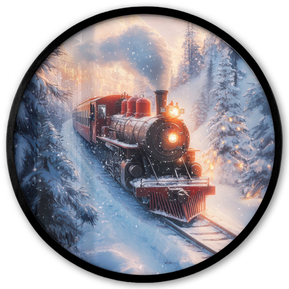 FrameYourWall Poster in lijst Rond - Fotolijst 40x40 cm - Posters - Kersttrein - Sneeuw - Winter - Kerst - Ronde posterlijst zwart - Decoratie - Wanddecoratie woonkamer - Kerstdecoratie voor binnen - Kerstversiering - Kerstmis versiering in huis - Kerstaccessoires Stoomtrein - Winter