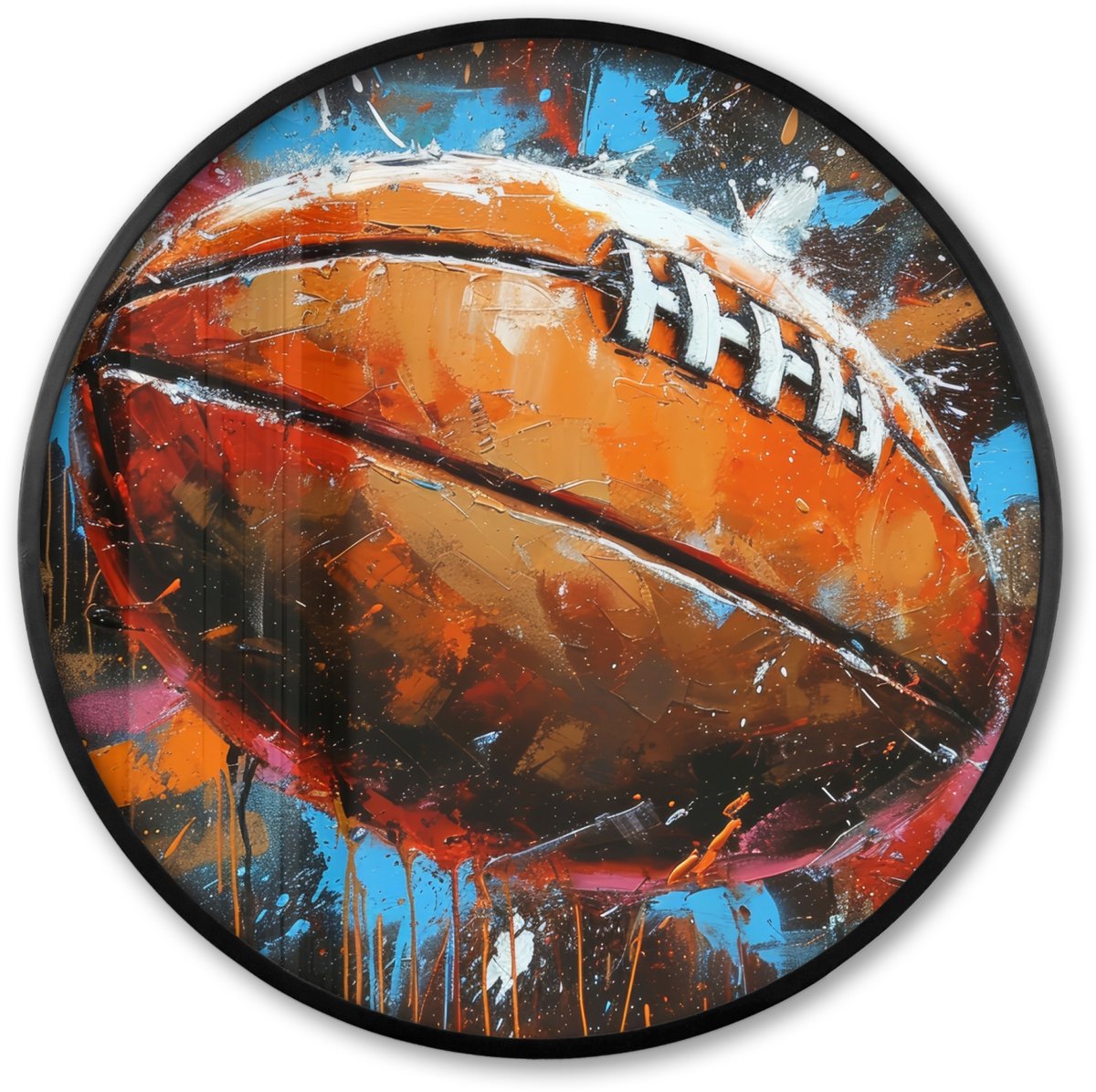 FrameYourWall Poster in lijst Rond - Fotolijst 80x80 cm - Posters - Graffiti - Rugby - Kleurrijk - Rugbybal - Ronde posterlijst zwart - Decoratie - Wanddecoratie woonkamer - Muurdecoratie slaapkamer