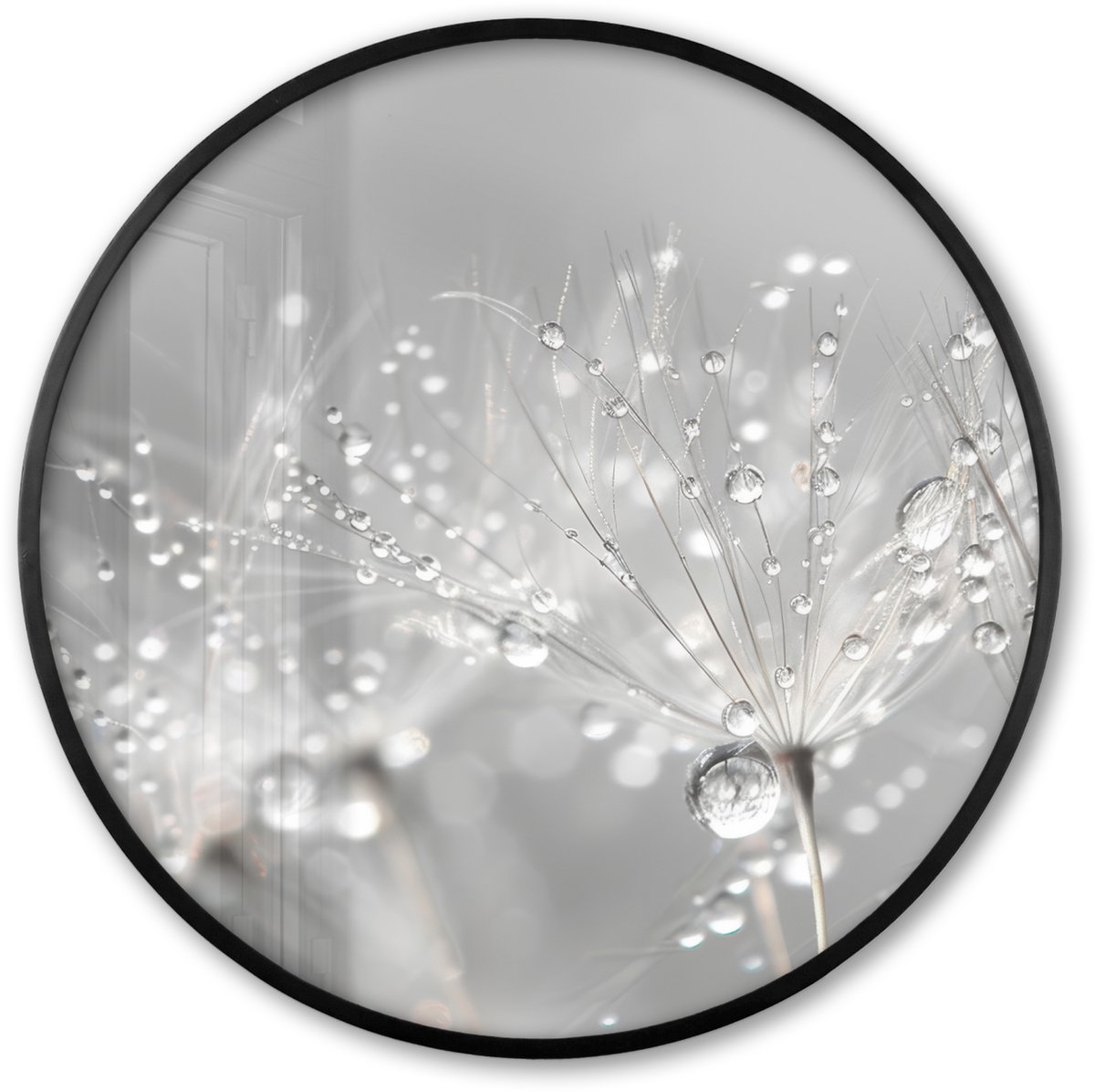 FrameYourWall Poster in lijst Rond - Fotolijst 60x60 cm - Posters - Paardenbloem - Waterdruppels - Stilleven - Modern - Ronde posterlijst zwart - Decoratie - Wanddecoratie woonkamer - Muurdecoratie slaapkamer