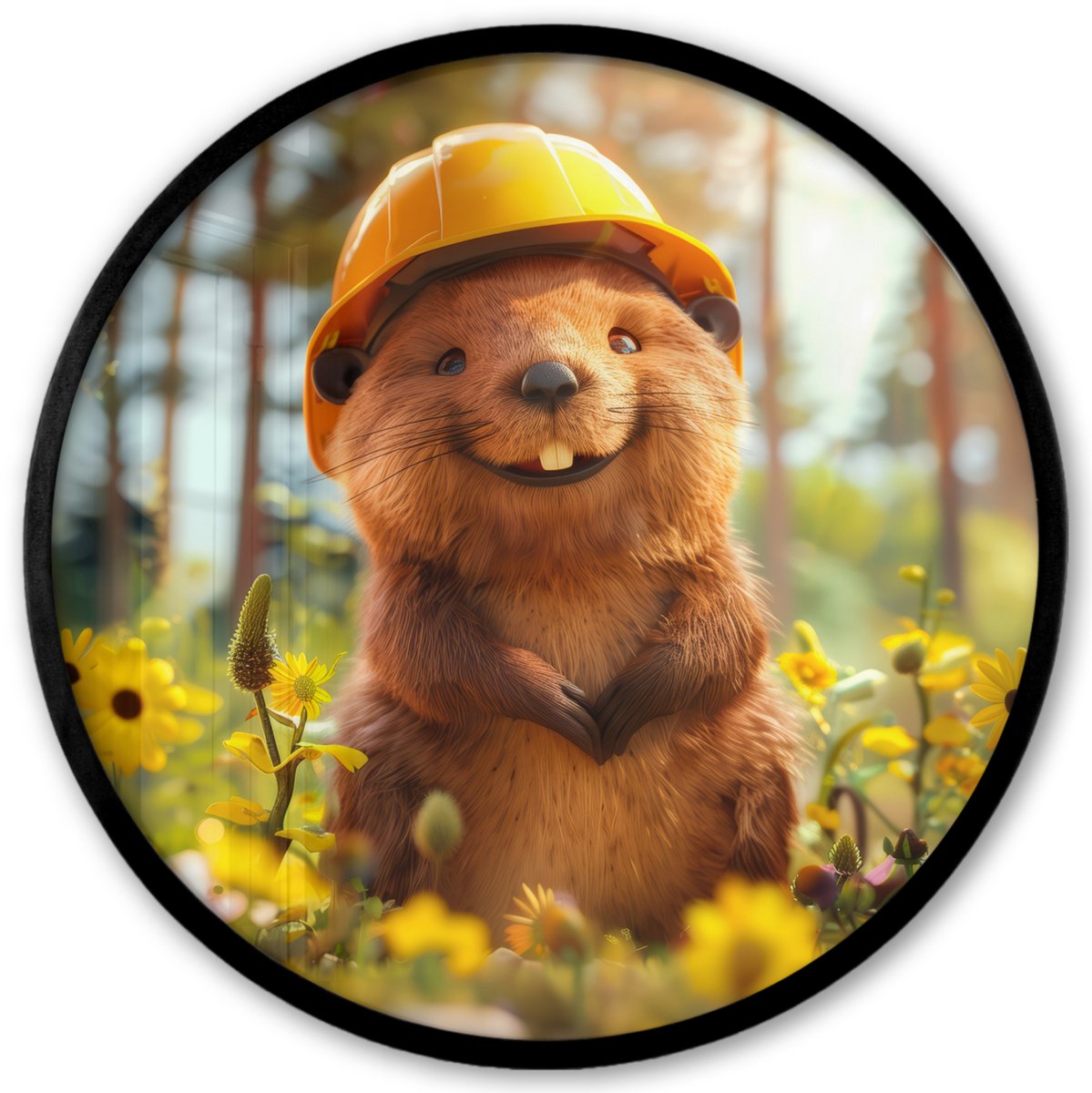 FrameYourWall Poster in lijst Rond - Fotolijst 40x40 cm - Posters - Bever - Dier - Bouwhelm - Natuur - Ronde posterlijst zwart - Decoratie - Wanddecoratie woonkamer - Muurdecoratie slaapkamer Bever - Natuur