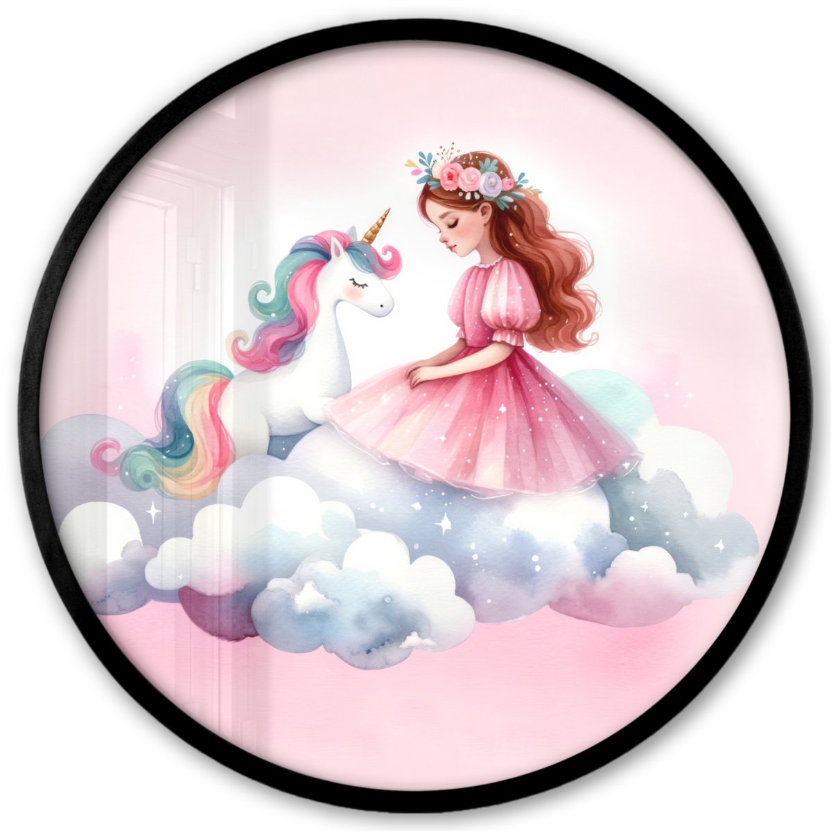 FrameYourWall Poster in lijst Rond - Fotolijst 40x40 cm - Posters - Eenhoorn - Prinses - Unicorn - Roze - Wolken - Ronde posterlijst zwart - Decoratie - Wanddecoratie woonkamer - Muurdecoratie slaapkamer Eenhoorn - Wolk