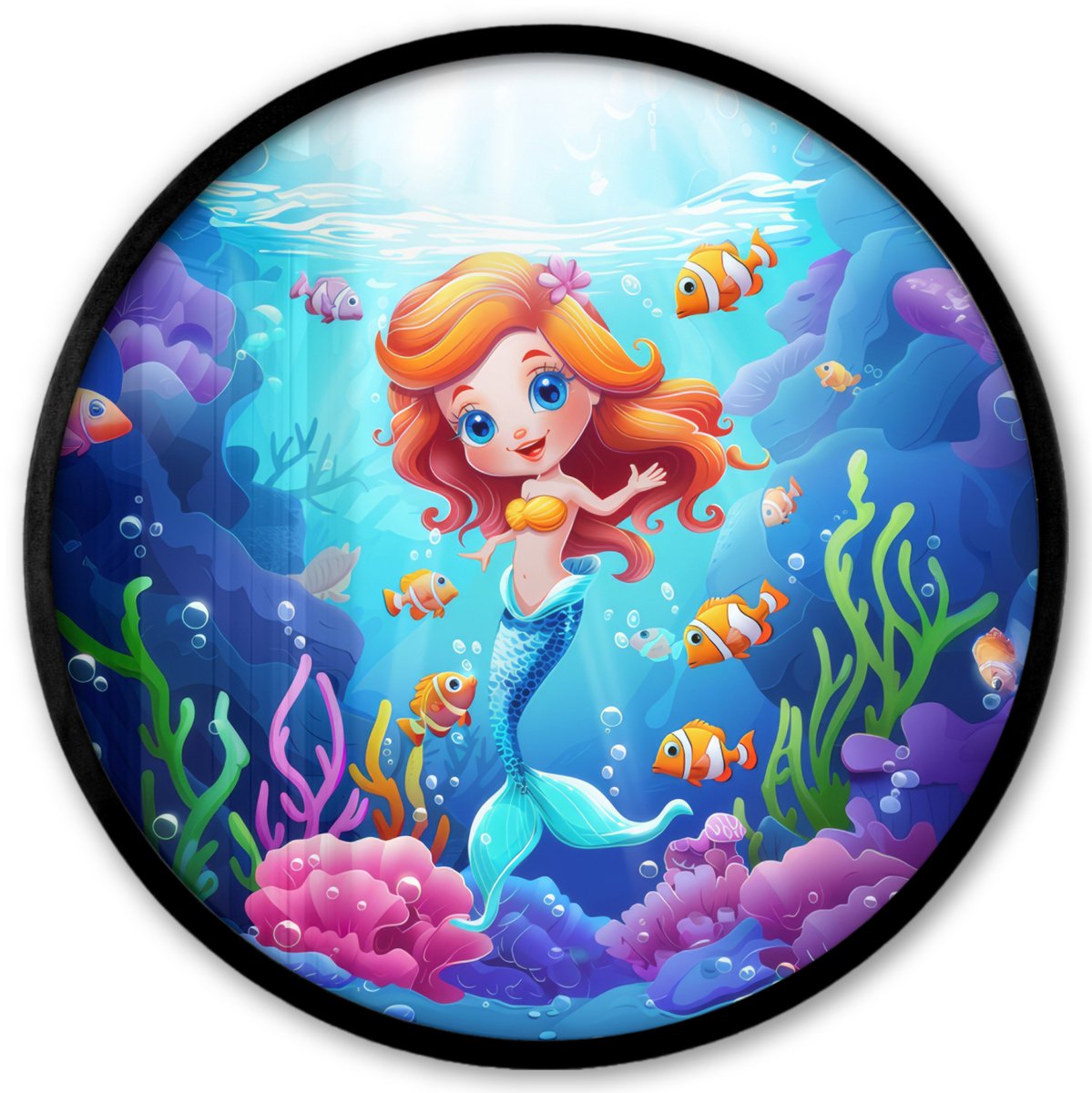 FrameYourWall Poster in lijst Rond - Fotolijst 40x40 cm - Posters - Zeemeermin - Onderwaterwereld - Vissen - Oceaan - Ronde posterlijst zwart - Decoratie - Wanddecoratie woonkamer - Muurdecoratie slaapkamer
