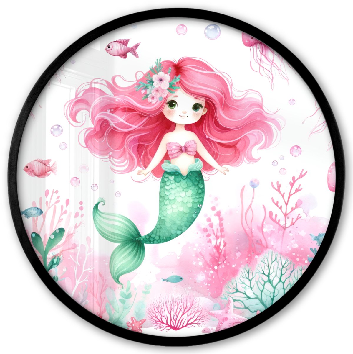 FrameYourWall Poster in lijst Rond - Fotolijst 40x40 cm - Posters - Zeemeermin - Roze - Zeedieren - Onderwater - Ronde posterlijst zwart - Decoratie - Wanddecoratie woonkamer - Muurdecoratie slaapkamer