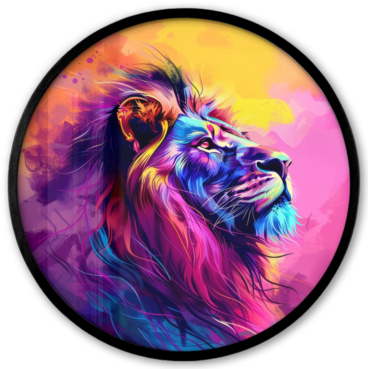 FrameYourWall Poster in lijst Rond - Fotolijst 40x40 cm - Posters - Leeuw - Verf- Kleuren - Dier - Ronde posterlijst zwart - Decoratie - Wanddecoratie woonkamer - Muurdecoratie slaapkamer