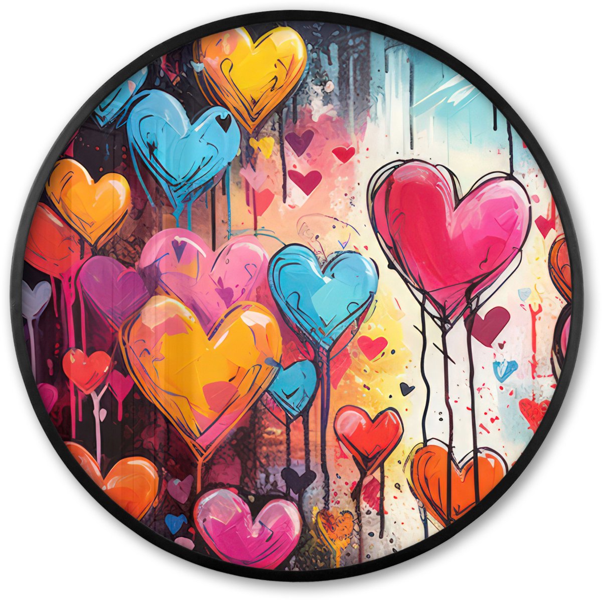 FrameYourWall Poster in lijst Rond - Fotolijst 60x60 cm - Posters - Hartjes - Kleuren - Kunst - Liefde - Ronde posterlijst zwart - Decoratie - Wanddecoratie woonkamer - Muurdecoratie slaapkamer Hartjes - Kleurrijk