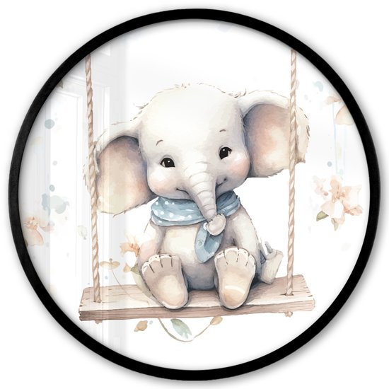 Poster in lijst Rond - Fotolijst 40x40 cm - Posters - Olifant - Dier - Kinderen - Ronde posterlijst zwart - Decoratie - Wanddecoratie woonkamer - Muurdecoratie slaapkamer