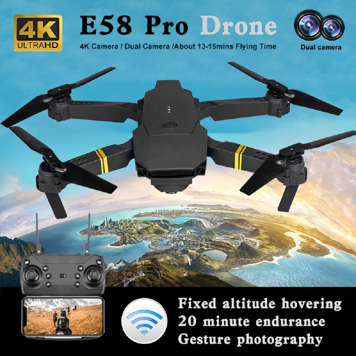 E88/E58 Drone 4K HD Groothoekcamera WiFi FPV Opvouwbare Quadcopter met Hoogtebehoud en Headless Modus