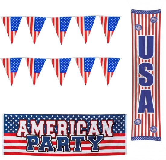 Amerika/USA thema versiering set - vlaggetjes en grote vlaggen - Amerikaanse feestartikelen - stars and stripes - United States of America party