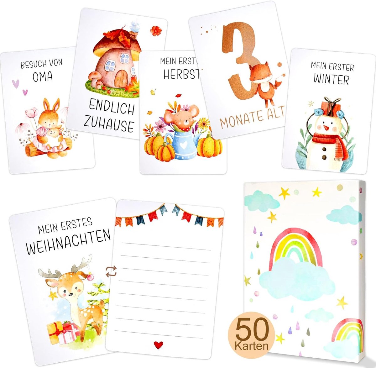 Image of 50 Mijlpaalkaarten voor Baby's - Meisjes en Jongens - 400 g/m² - Maandelijkse Fotokaarten - Baby 1-12 Maanden - Betekenisvol Geboorte Geschenk voor Baby Shower Feest - Welkomst Geschenk
